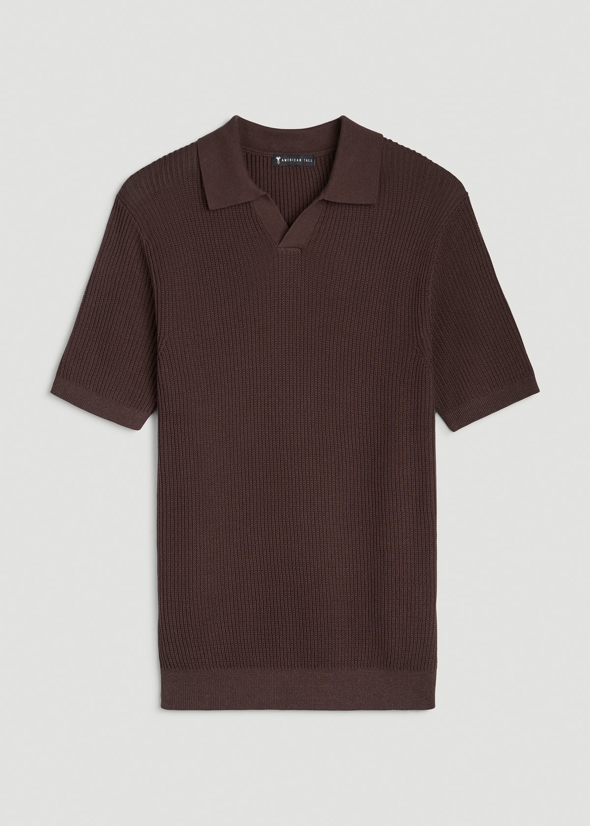 Textured Knit Short Sleeve Sweater Polo for Tall Men in Dark Brown
