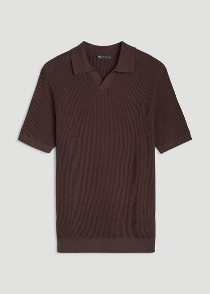 Textured Knit Short Sleeve Sweater Polo for Tall Men in Dark Brown