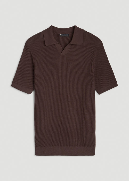 Textured Knit Short Sleeve Sweater Polo for Tall Men in Dark Brown