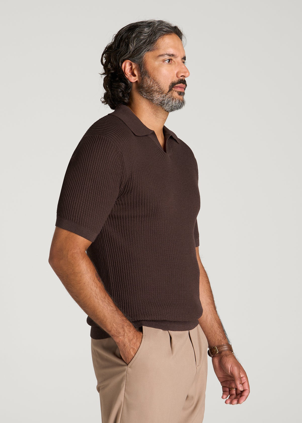 Textured Knit Short Sleeve Sweater Polo for Tall Men in Dark Brown
