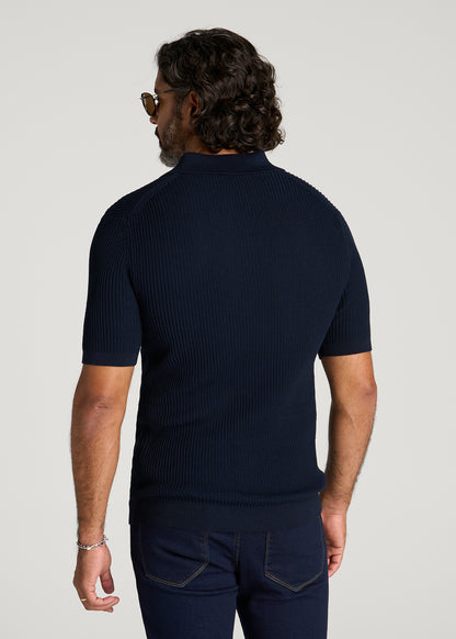 Textured Knit Short Sleeve Sweater Polo for Tall Men in Royal Navy