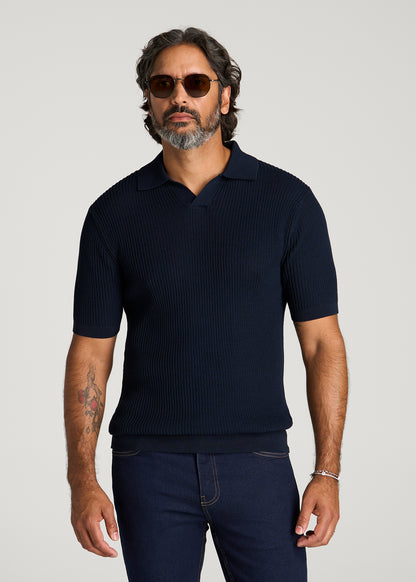 Textured Knit Short Sleeve Sweater Polo for Tall Men in Royal Navy
