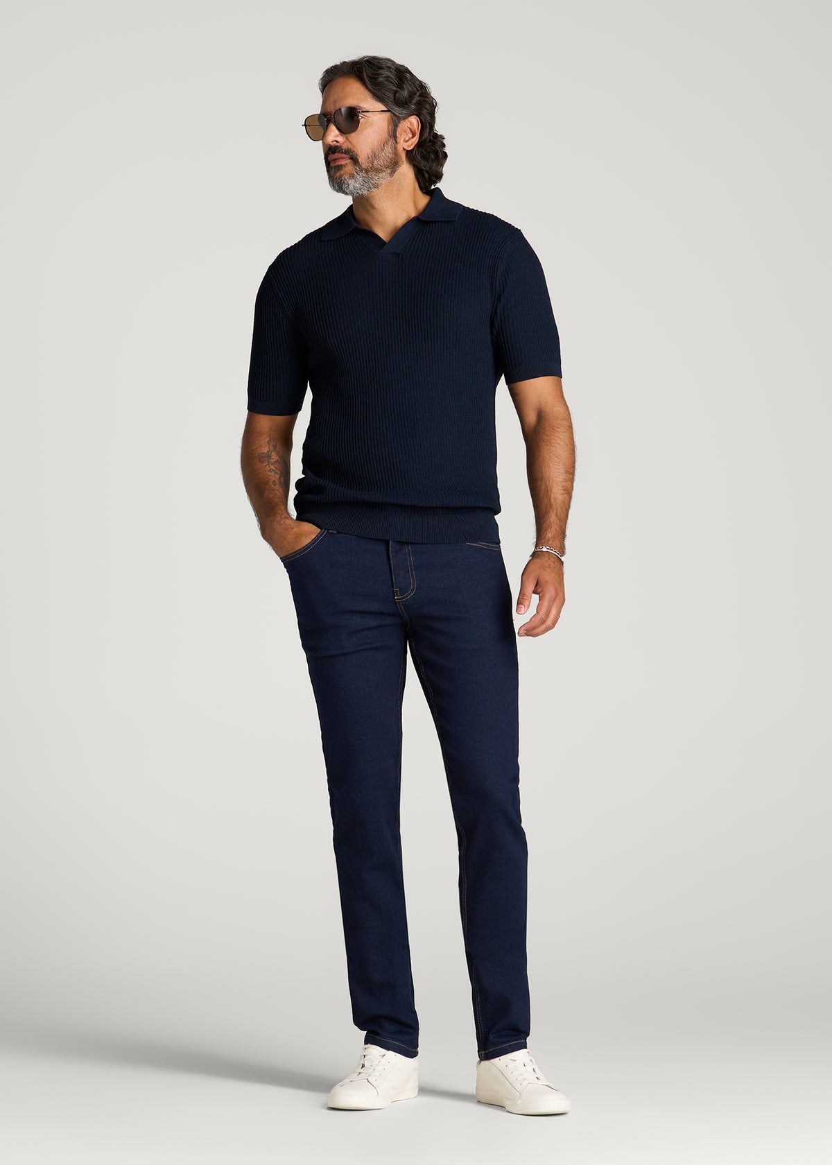 Textured Knit Short Sleeve Sweater Polo for Tall Men in Royal Navy