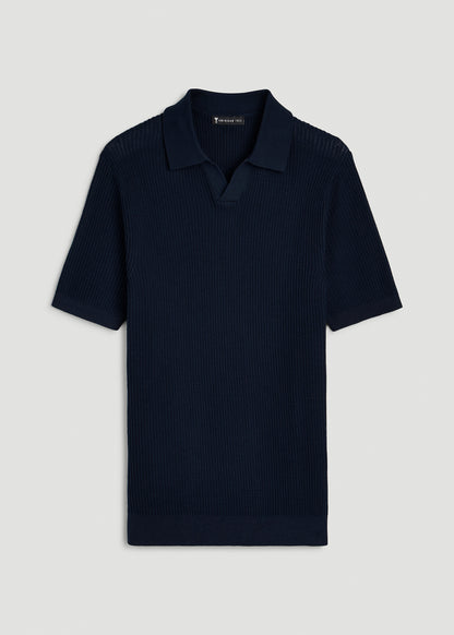 Textured Knit Short Sleeve Sweater Polo for Tall Men in Royal Navy