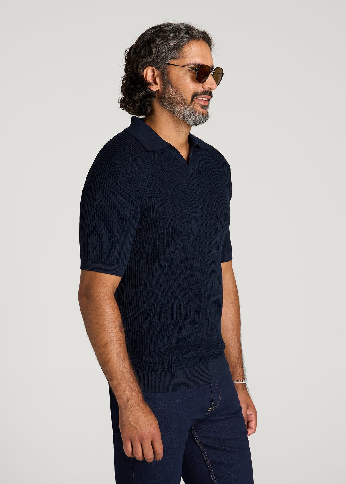 Textured Knit Short Sleeve Sweater Polo for Tall Men in Royal Navy