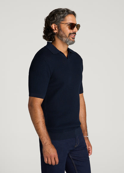 Textured Knit Short Sleeve Sweater Polo for Tall Men in Royal Navy