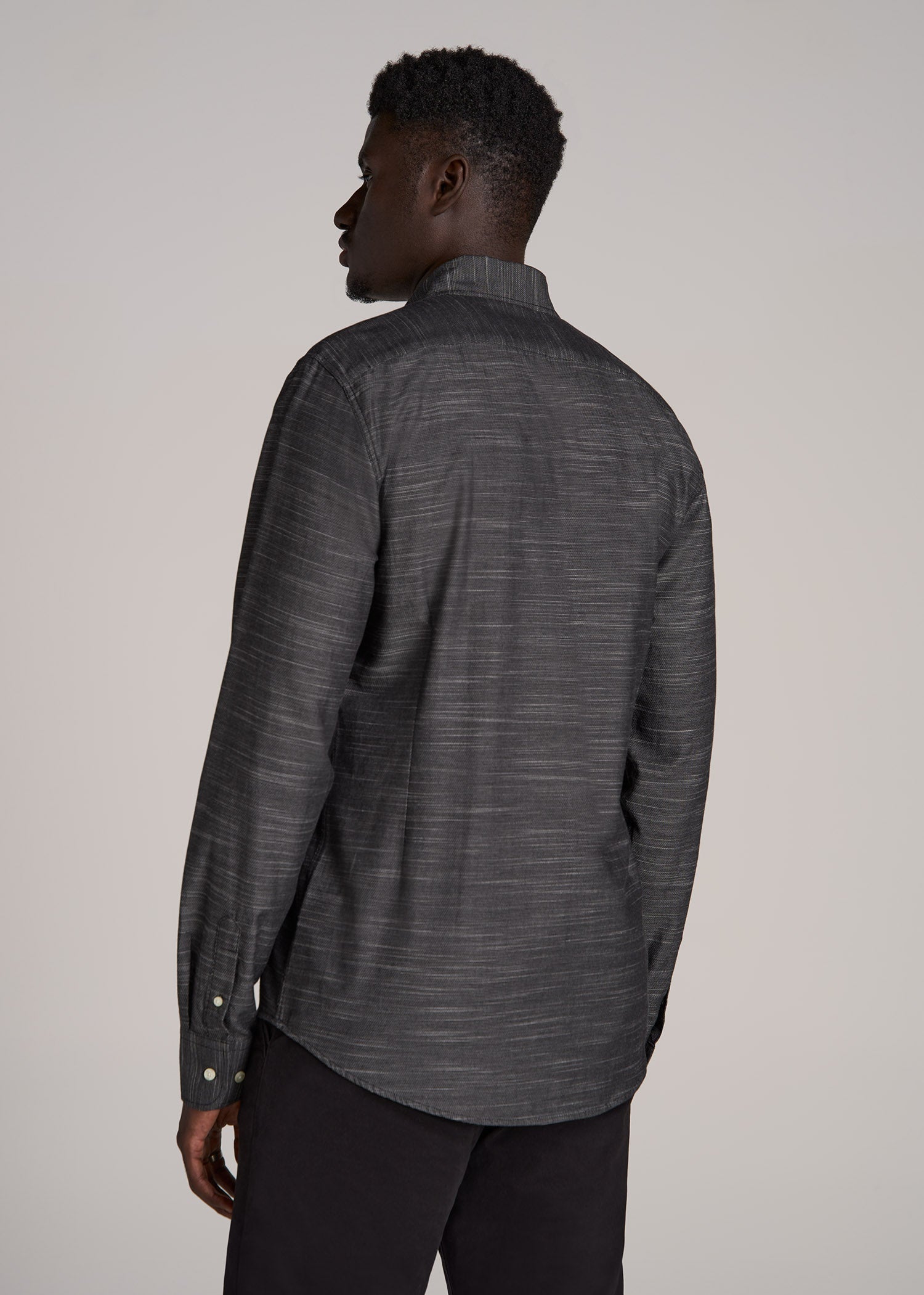 Textured Weave Cotton Button-Up Shirt for Tall Men in Black