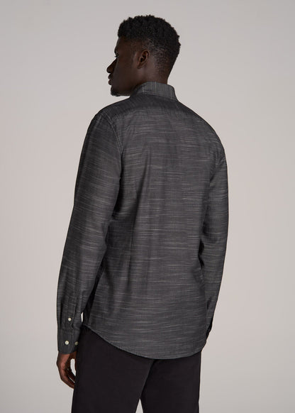 Textured Weave Cotton Button-Up Shirt for Tall Men in Black