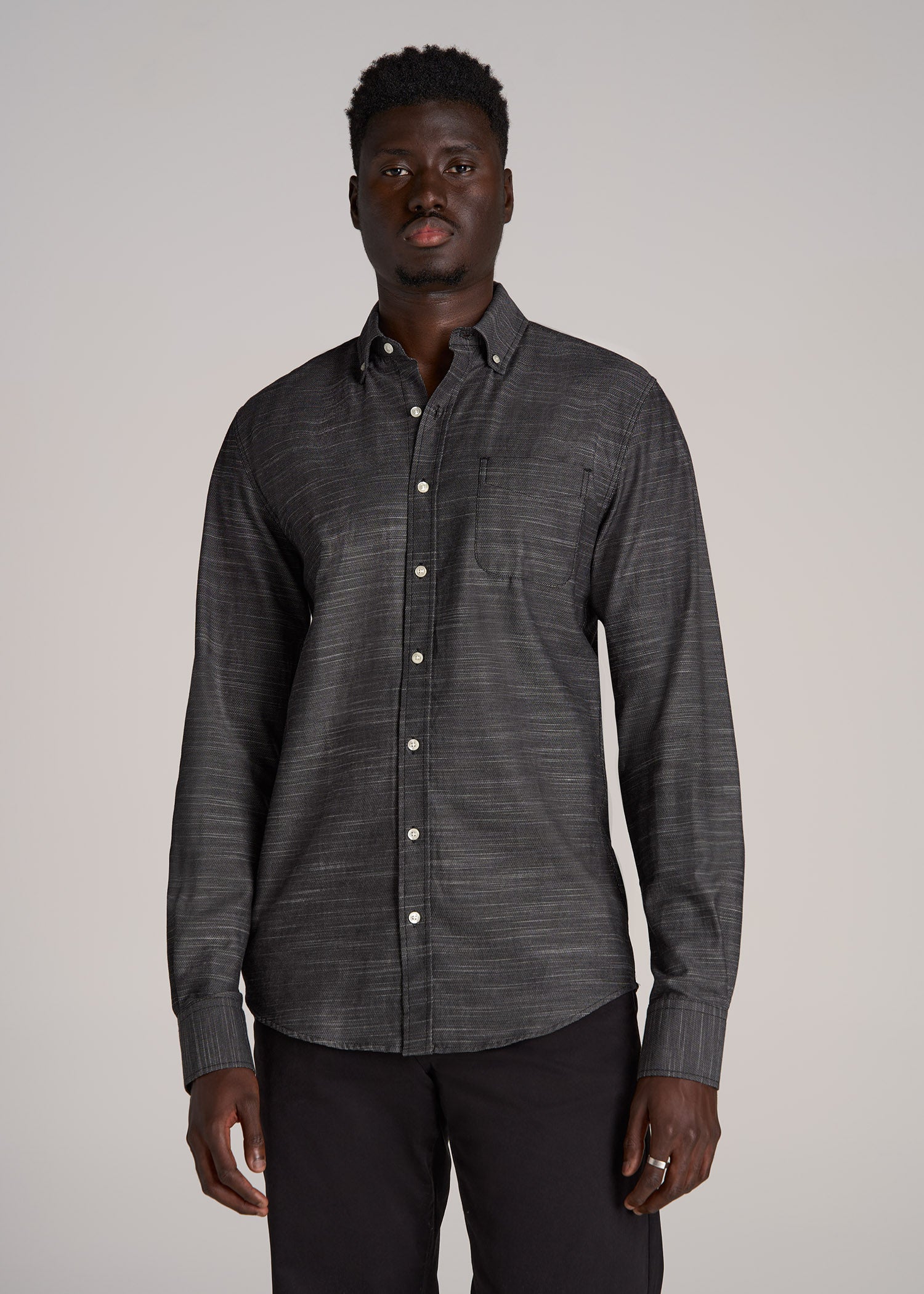 Textured Weave Cotton Button-Up Shirt for Tall Men in Black