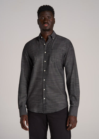 Textured Weave Cotton Button-Up Shirt for Tall Men in Black