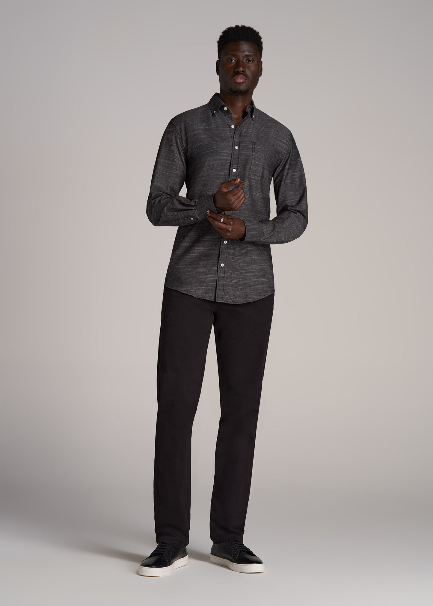 Textured Weave Cotton Button-Up Shirt for Tall Men in Black