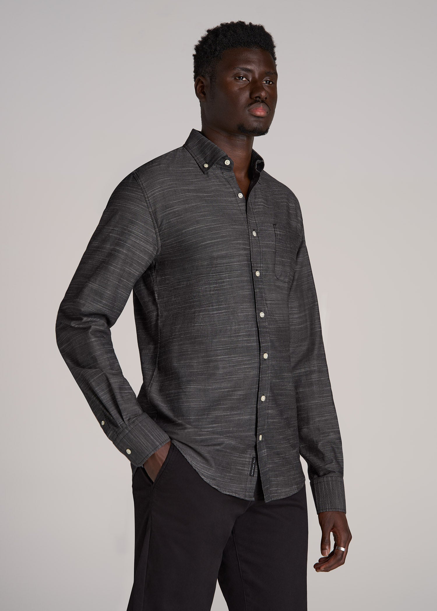 Textured Weave Cotton Button-Up Shirt for Tall Men in Black