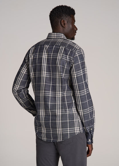 Textured Weave Cotton Button-Up Shirt for Tall Men in Dark Blue Plaid