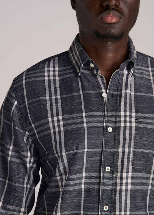 Textured Weave Cotton Button-Up Shirt for Tall Men in Dark Blue Plaid