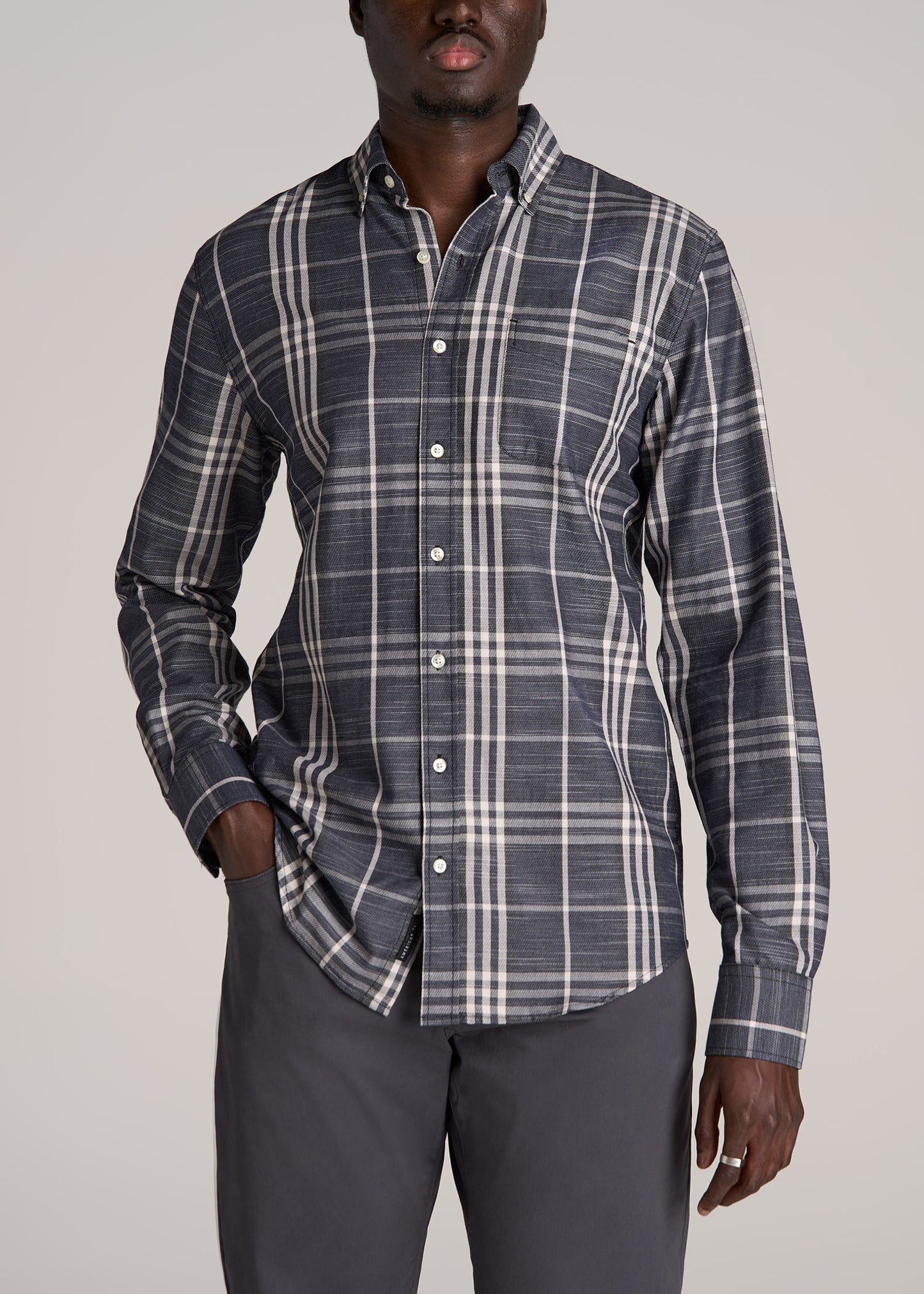 Textured Weave Cotton Button-Up Shirt for Tall Men in Dark Blue Plaid