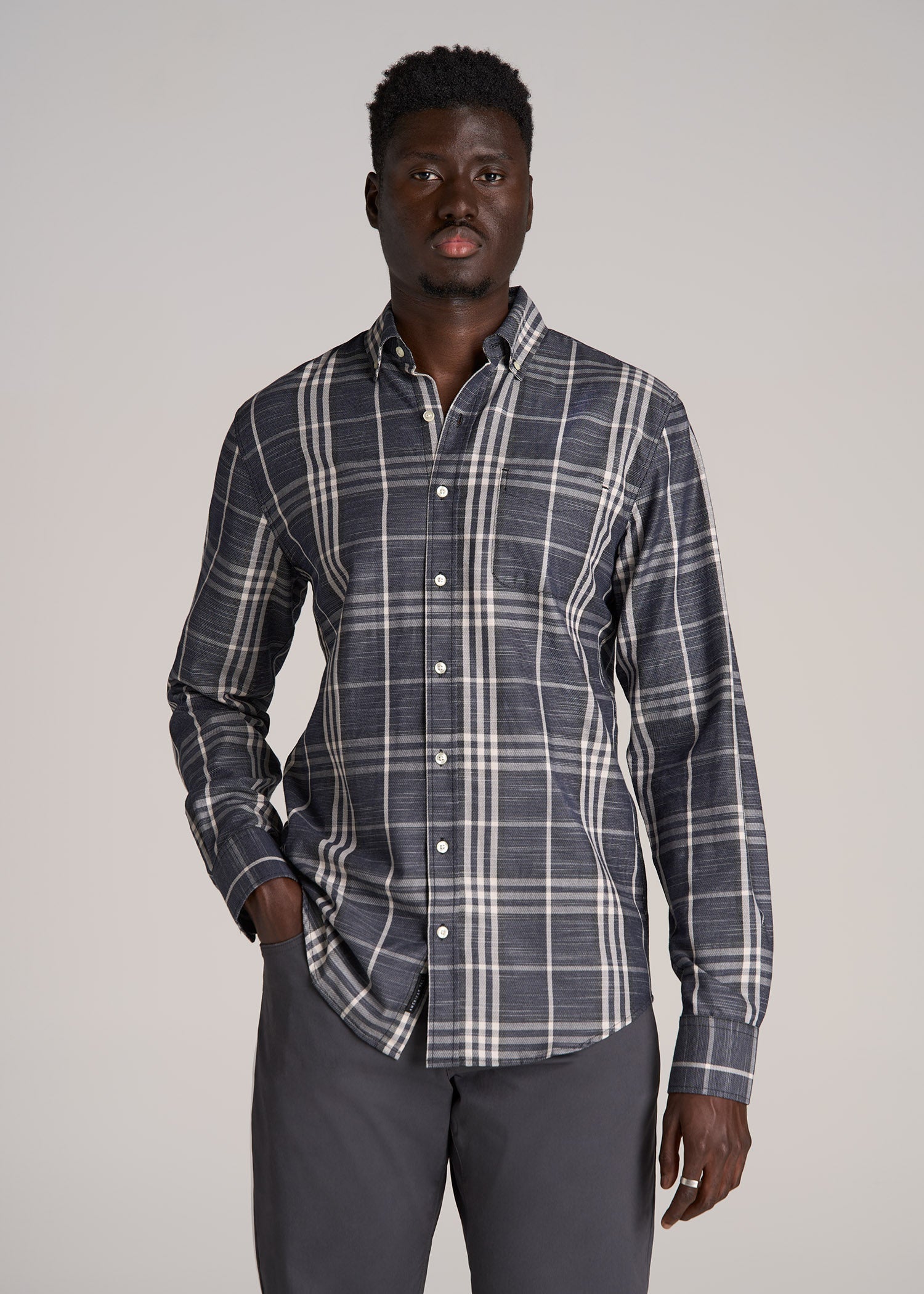 Textured Weave Cotton Button-Up Shirt for Tall Men in Dark Blue Plaid