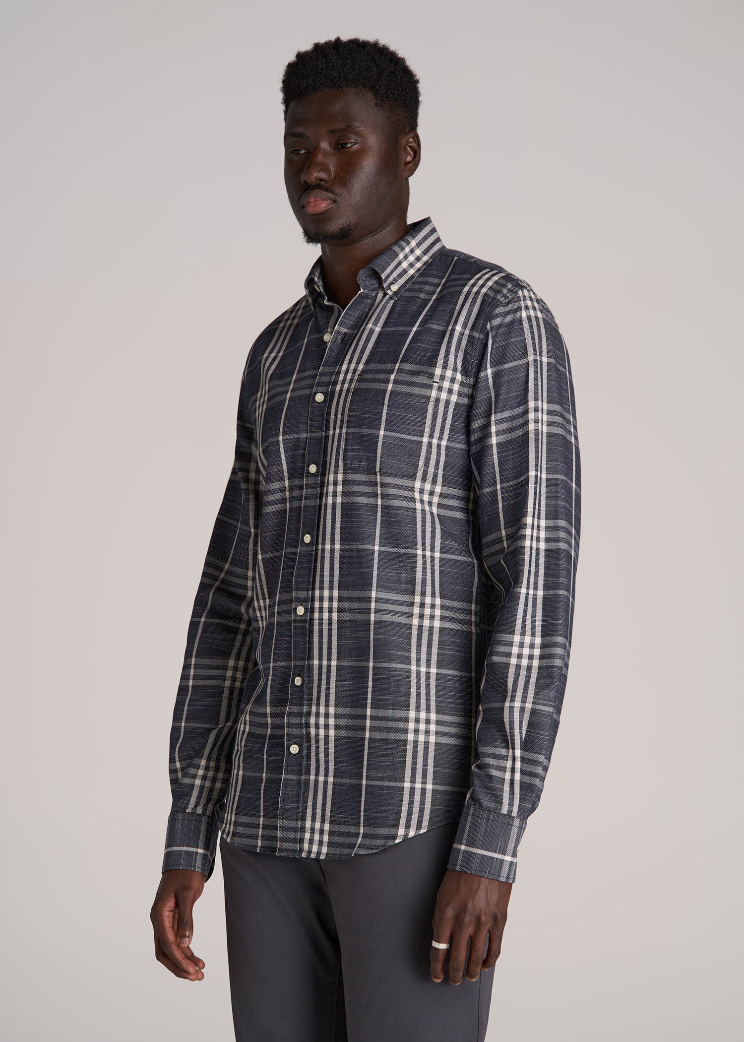 Textured Weave Cotton Button-Up Shirt for Tall Men in Dark Blue Plaid