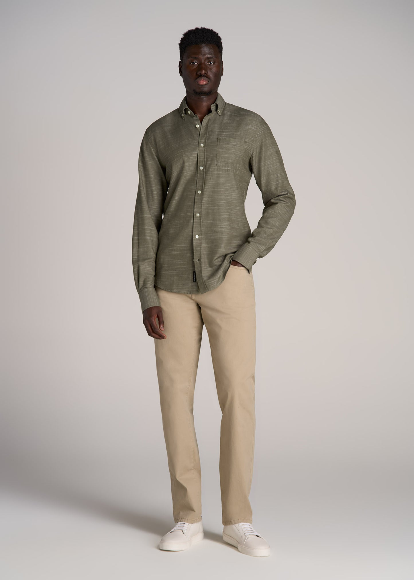 Textured Weave Cotton Button-Up Shirt for Tall Men in Olive