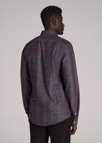 Textured Weave Cotton Button-Up Shirt for Tall Men in Red Plaid