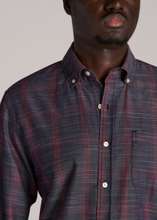 Textured Weave Cotton Button-Up Shirt for Tall Men in Red Plaid