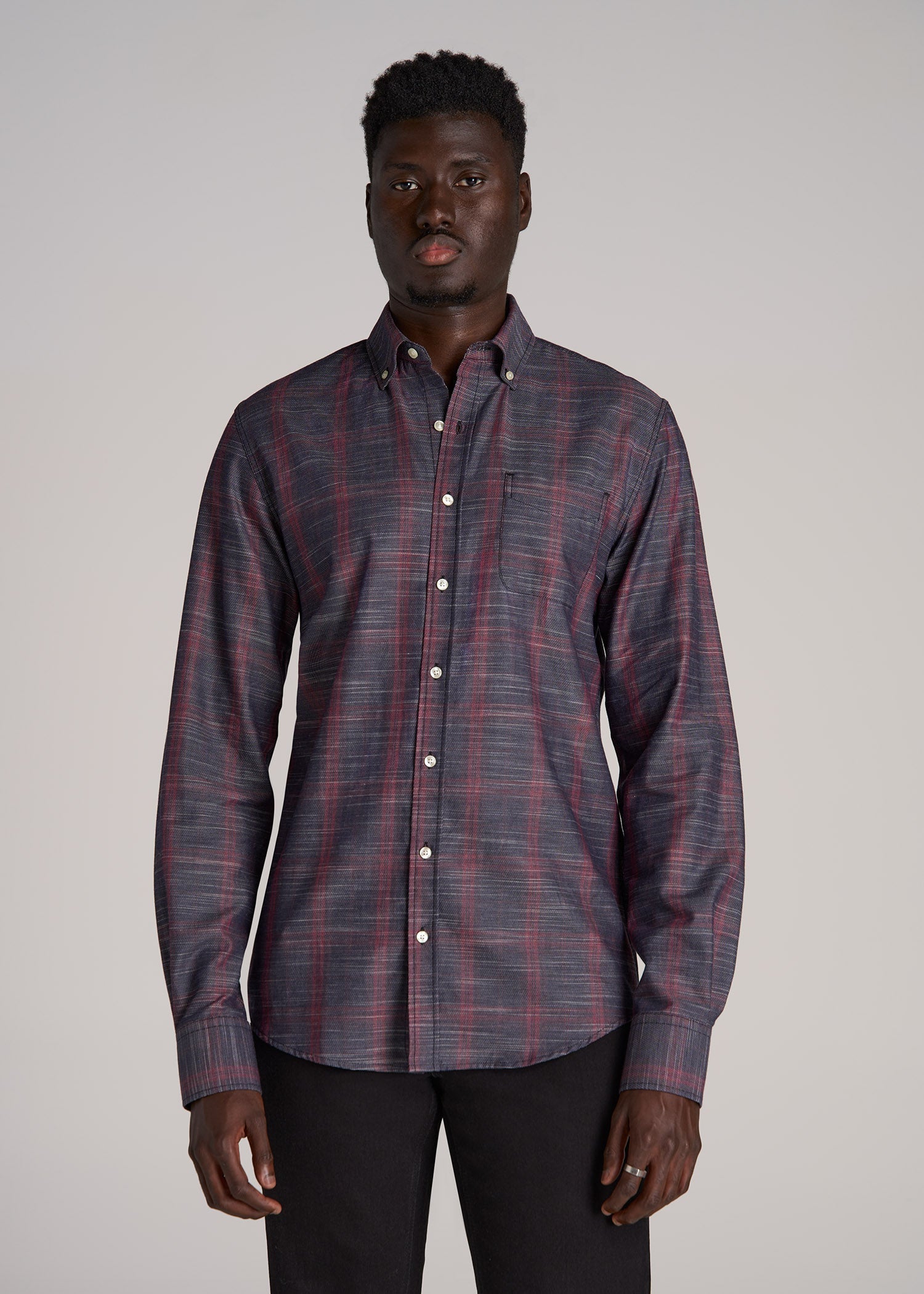 Textured Weave Cotton Button-Up Shirt for Tall Men in Red Plaid