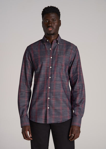 Textured Weave Cotton Button-Up Shirt for Tall Men in Red Plaid