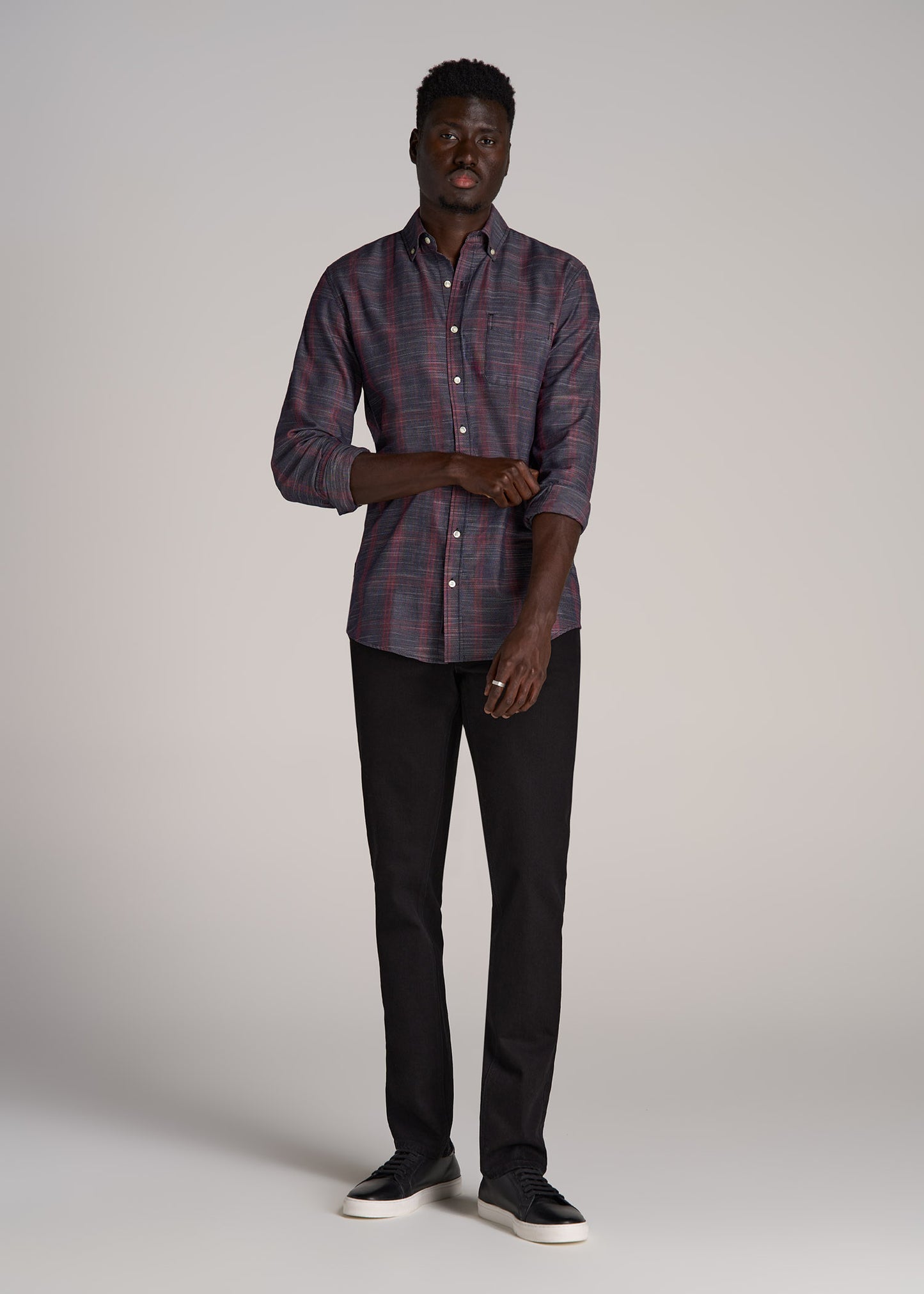 Textured Weave Cotton Button-Up Shirt for Tall Men in Red Plaid