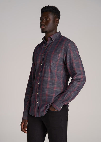 Textured Weave Cotton Button-Up Shirt for Tall Men in Red Plaid