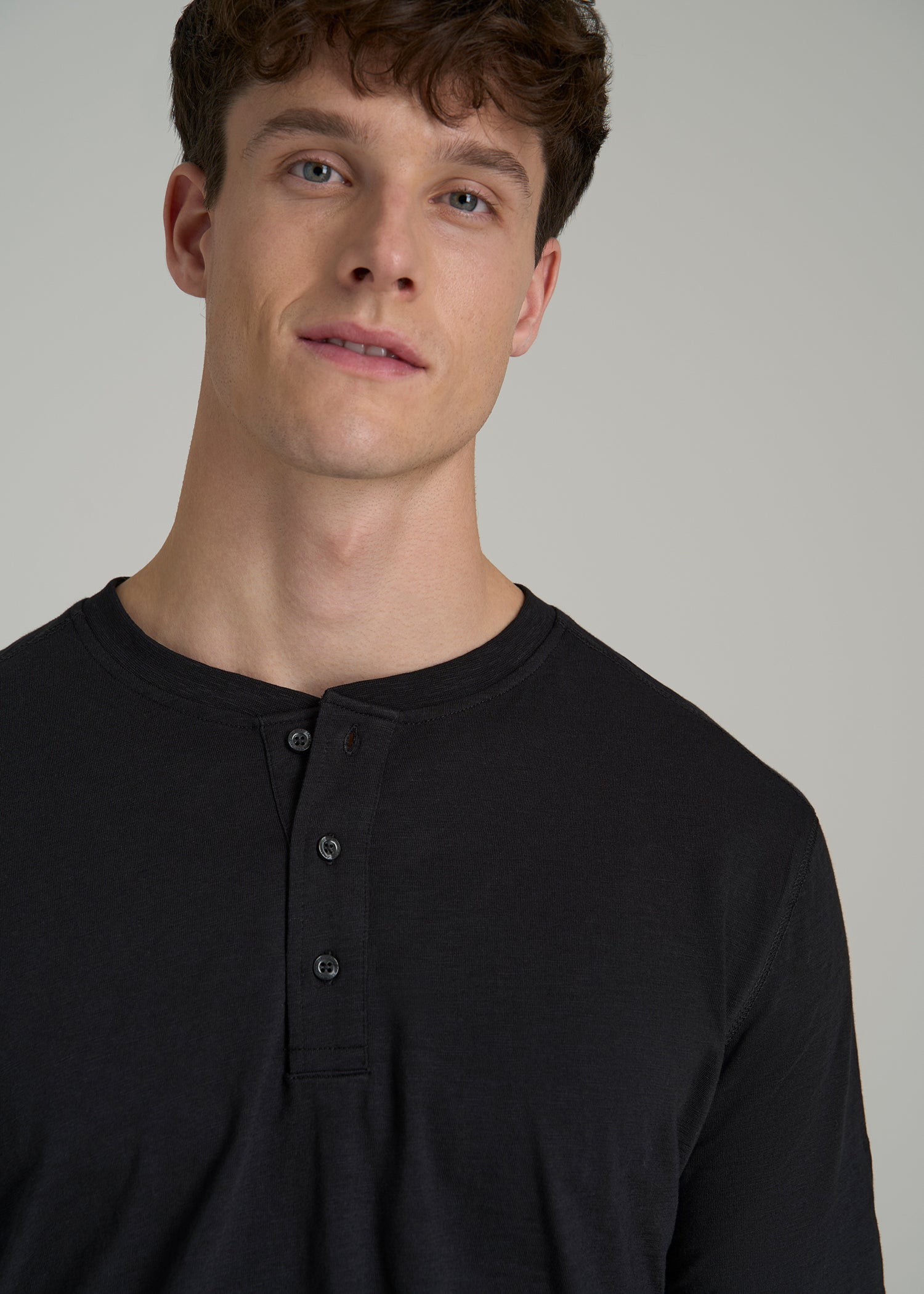 Three-Button Long Sleeve Slub Henley for Tall Men in Black