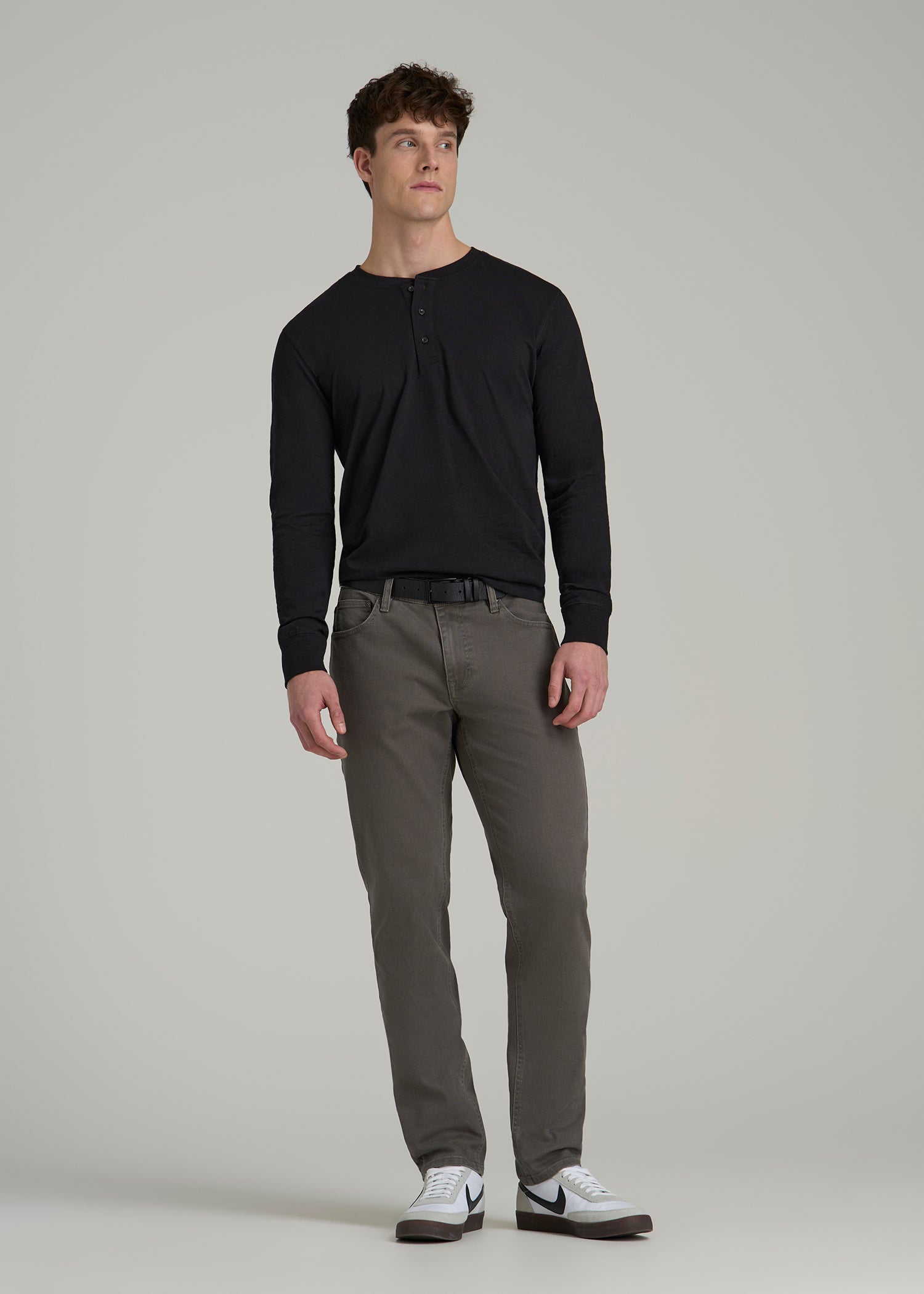 Three-Button Long Sleeve Slub Henley for Tall Men in Black