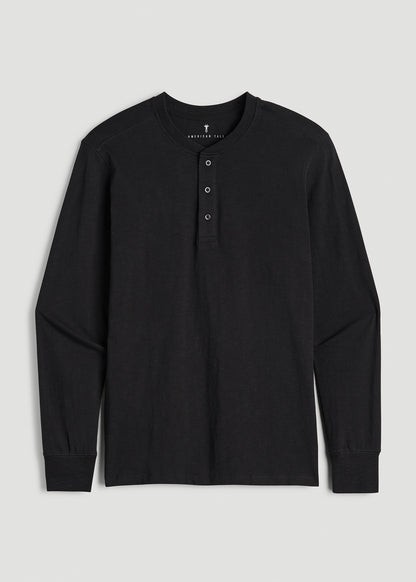 Three-Button Long Sleeve Slub Henley for Tall Men in Black