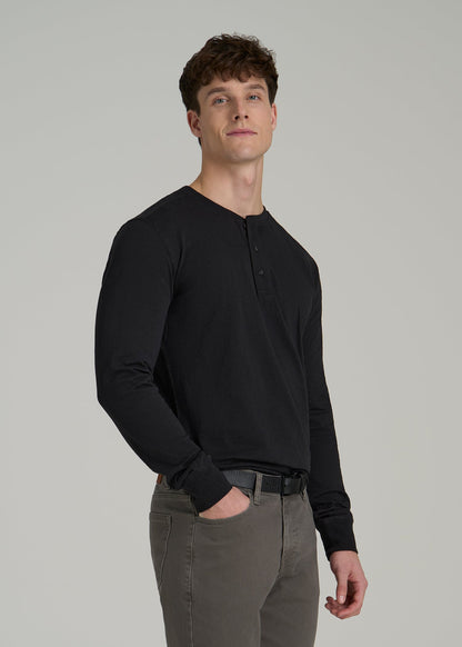 Three-Button Long Sleeve Slub Henley for Tall Men in Black