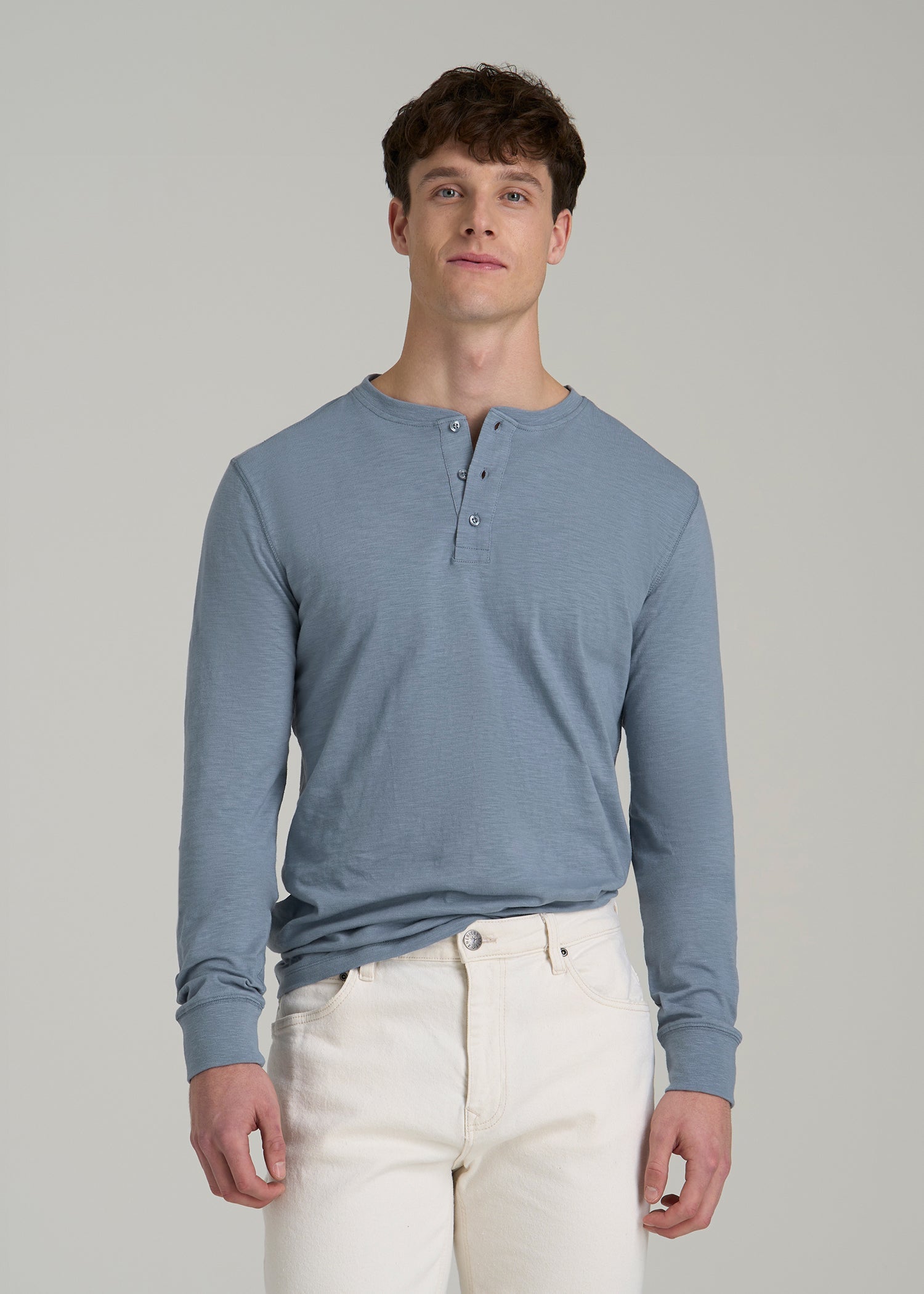 Three-Button Long Sleeve Slub Henley for Tall Men in Chambray
