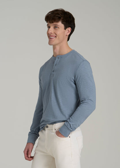 Three-Button Long Sleeve Slub Henley for Tall Men in Chambray