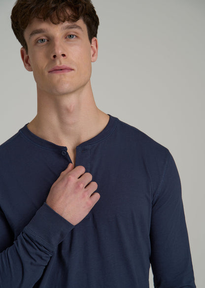 Three-Button Long Sleeve Slub Henley for Tall Men in Navy