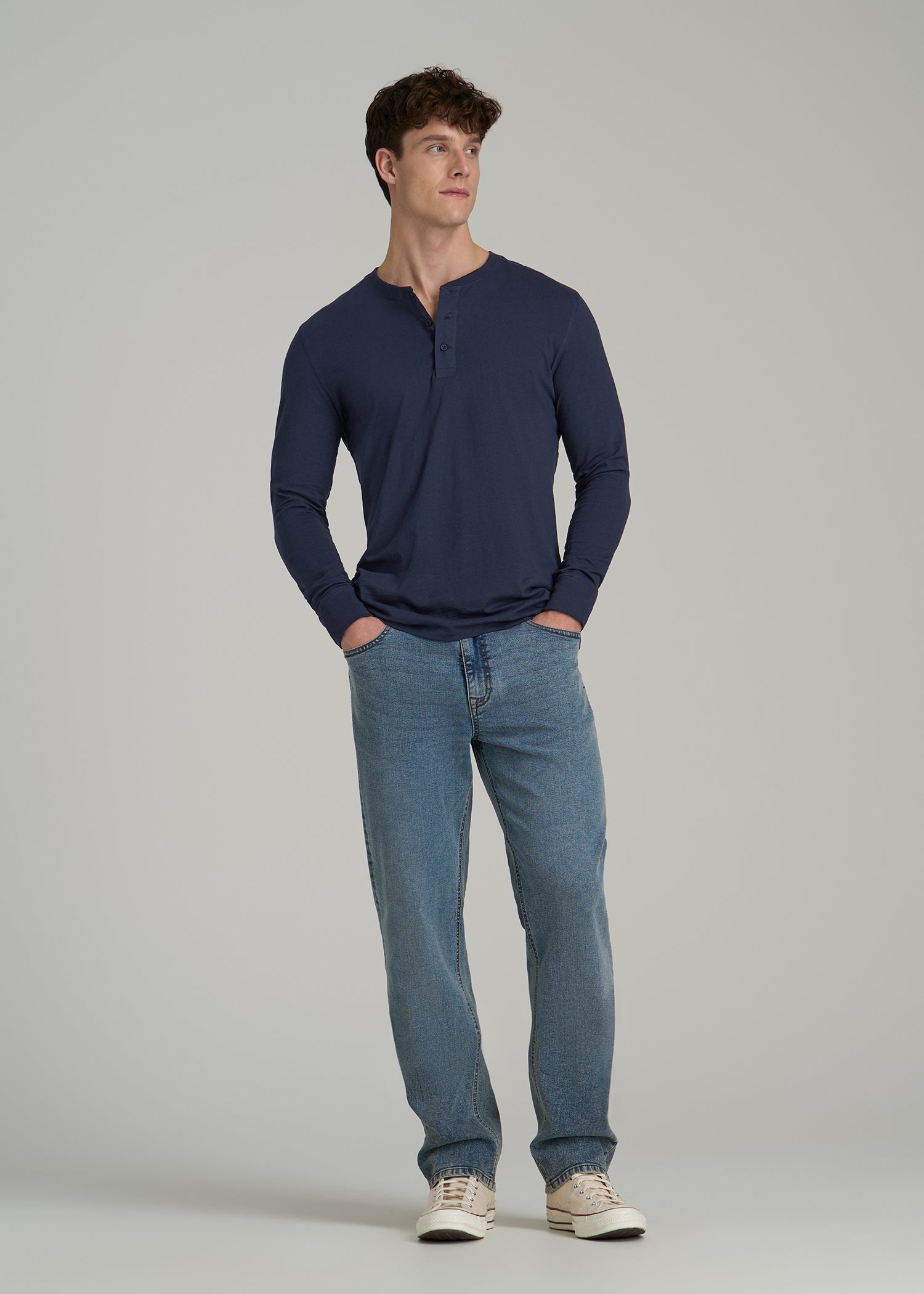 Three-Button Long Sleeve Slub Henley for Tall Men in Navy