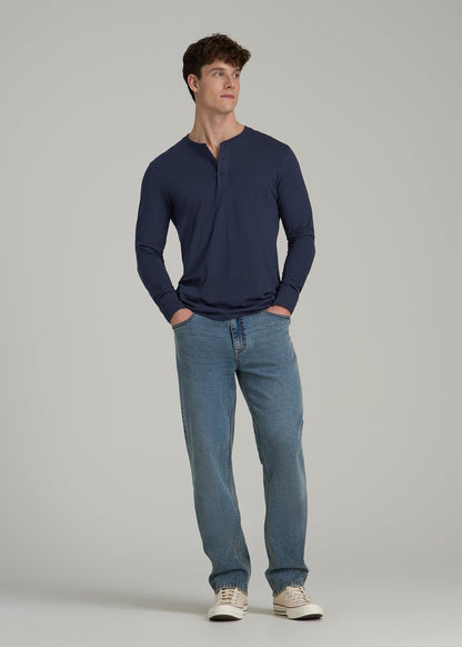 Three-Button Long Sleeve Slub Henley for Tall Men in Navy