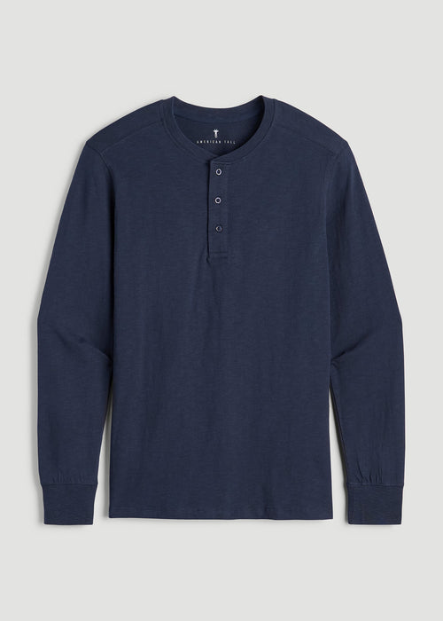Three-Button Long Sleeve Slub Henley for Tall Men in Navy