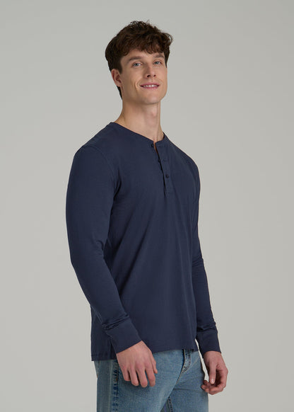 Three-Button Long Sleeve Slub Henley for Tall Men in Navy