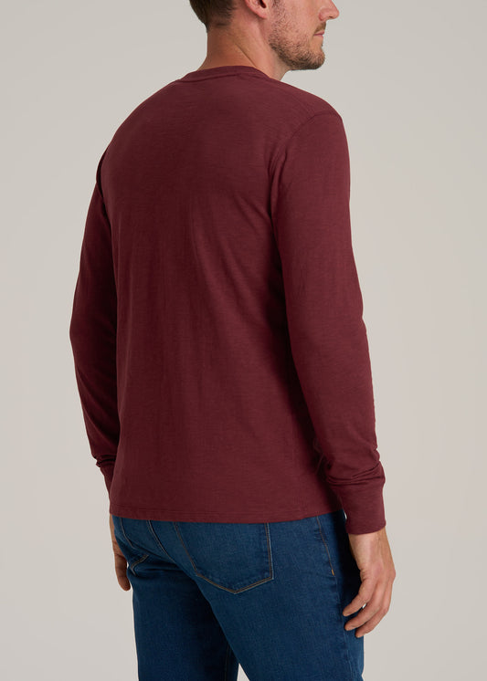 Men's Tall Three Button Long Sleeve Slub Henley in Red Ochre