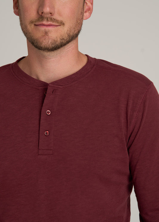 Men's Tall Three Button Long Sleeve Slub Henley in Red Ochre