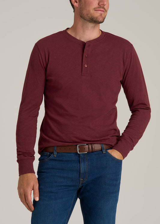 Men's Tall Three Button Long Sleeve Slub Henley in Red Ochre