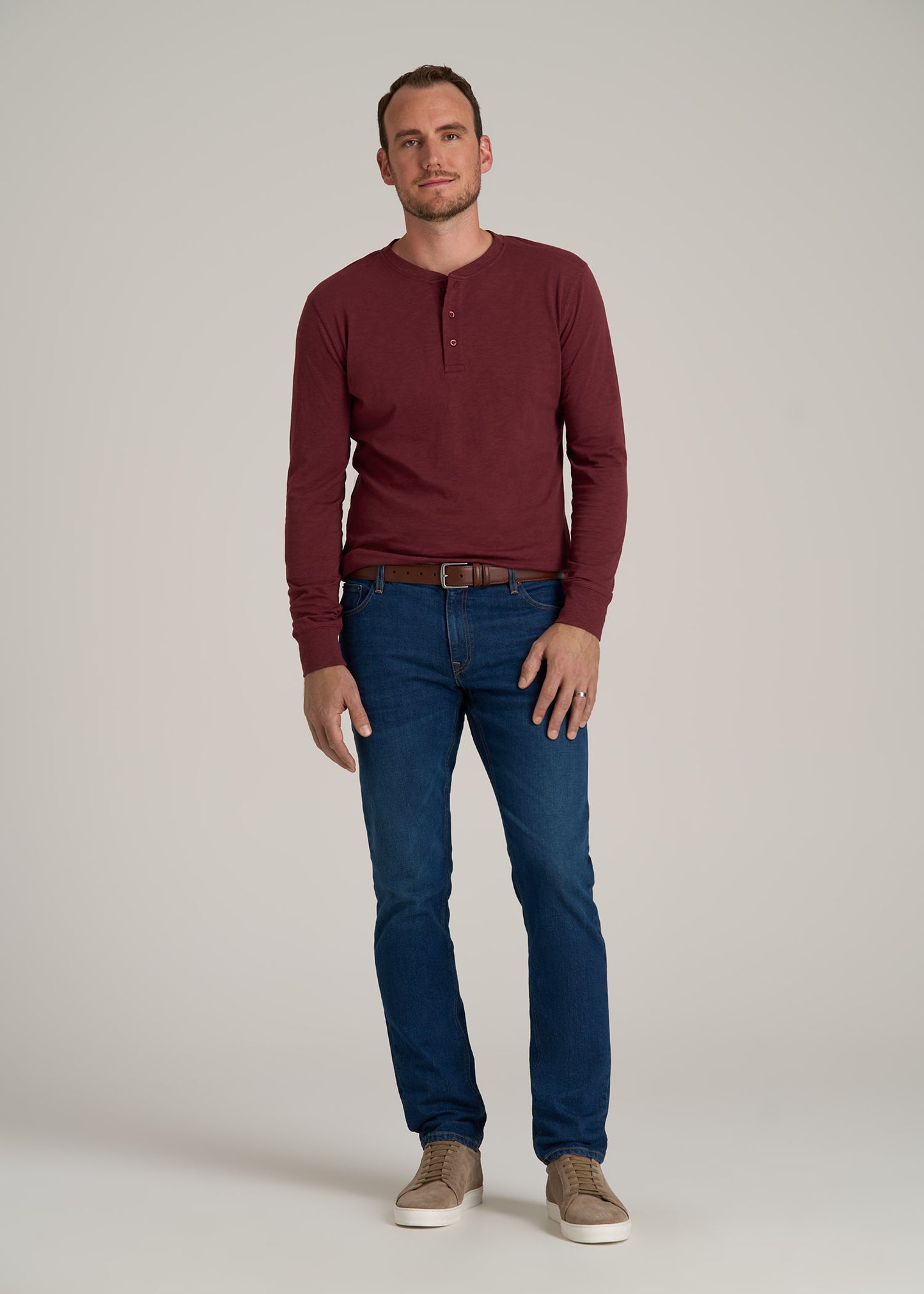 Men's Tall Three Button Long Sleeve Slub Henley in Red Ochre