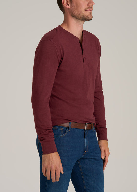 Men's Tall Three Button Long Sleeve Slub Henley in Red Ochre