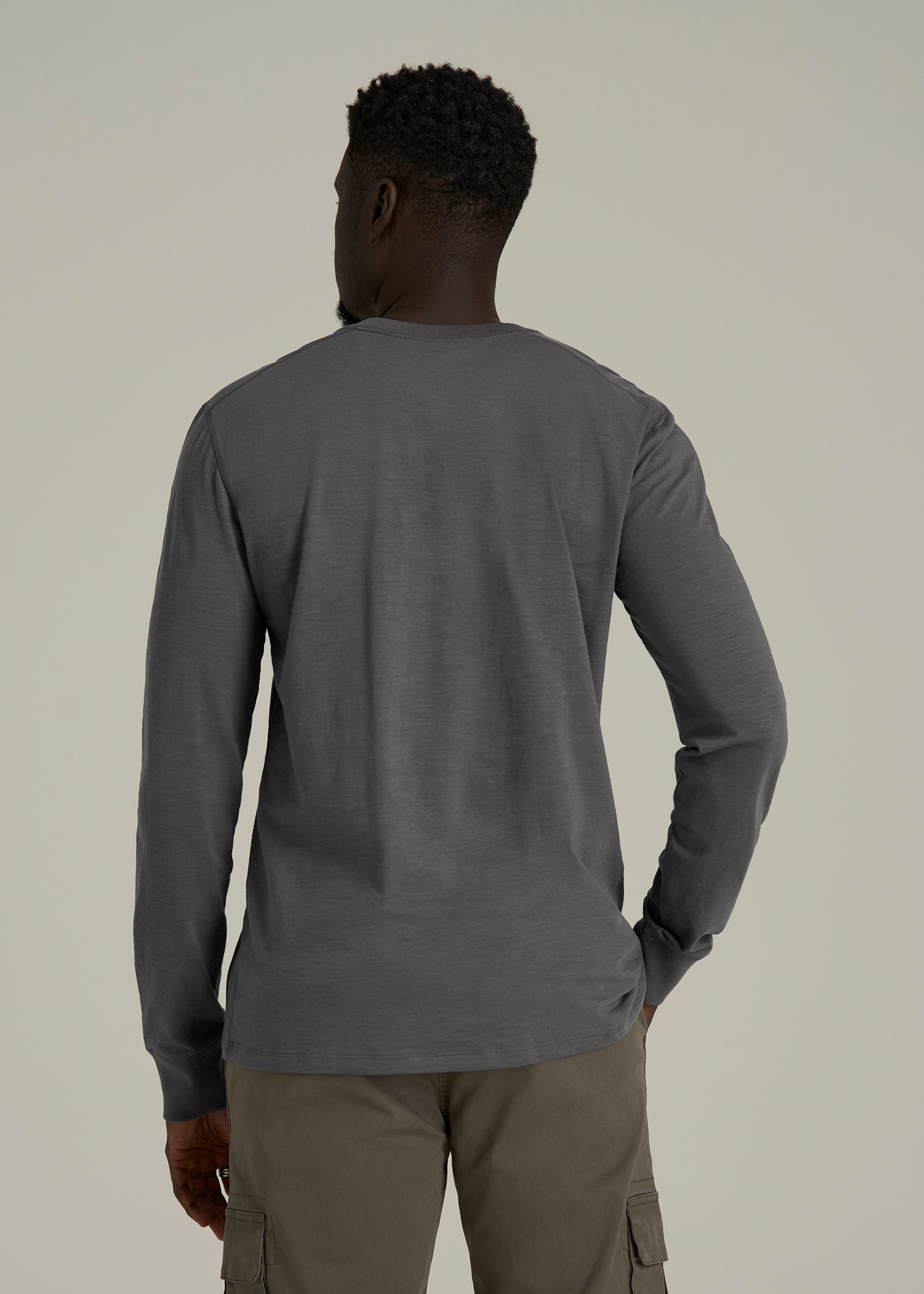 Men's Tall Three Button Long Sleeve Slub Henley in Steel Grey
