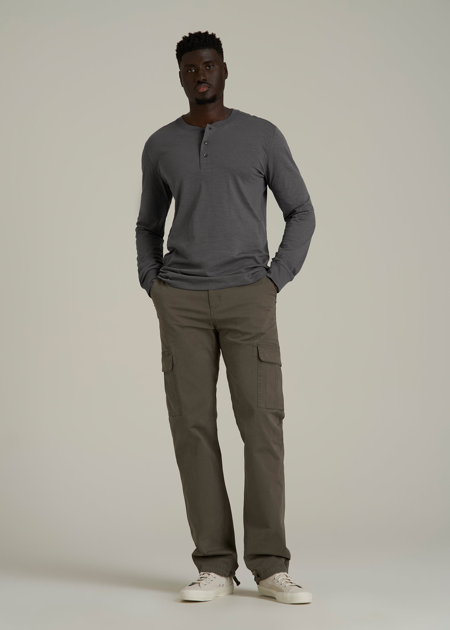 Men's Tall Three Button Long Sleeve Slub Henley in Steel Grey