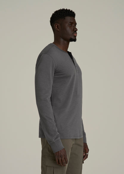 Men's Tall Three Button Long Sleeve Slub Henley in Steel Grey