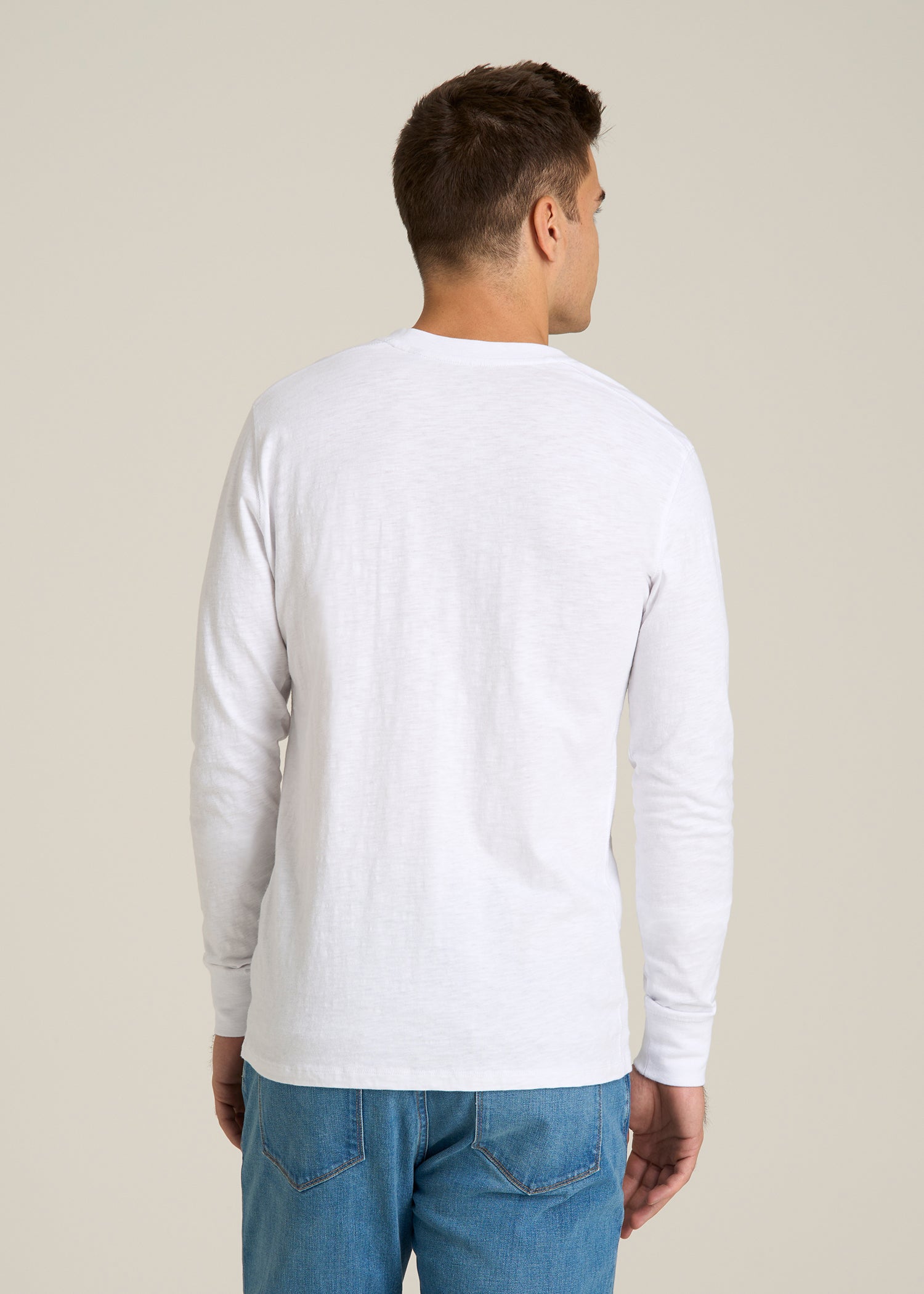 Three-Button Long Sleeve Slub Henley for Tall Men in White