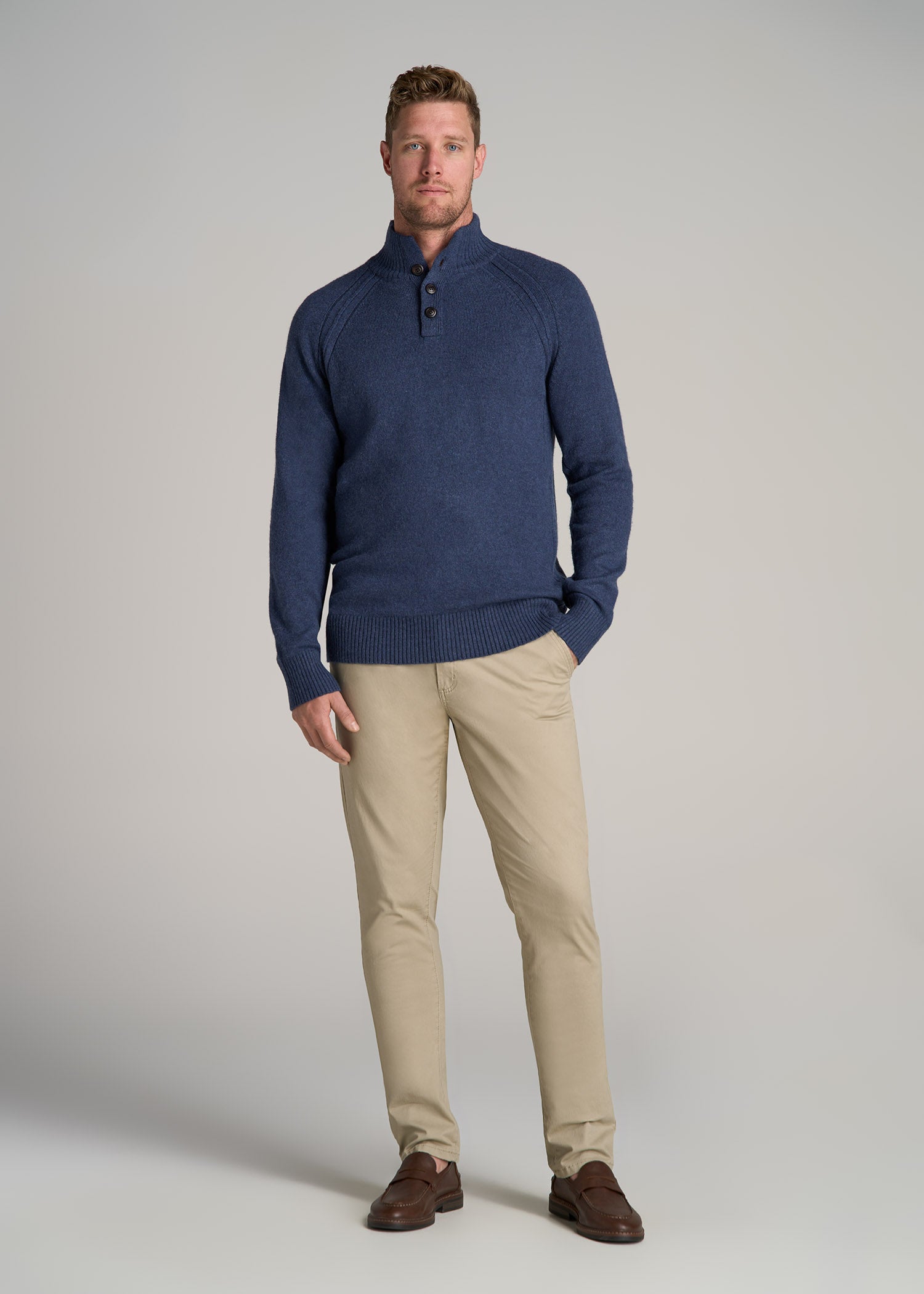 Three Button Mock Neck Tall Men's Sweater in Deep Cobalt Mix