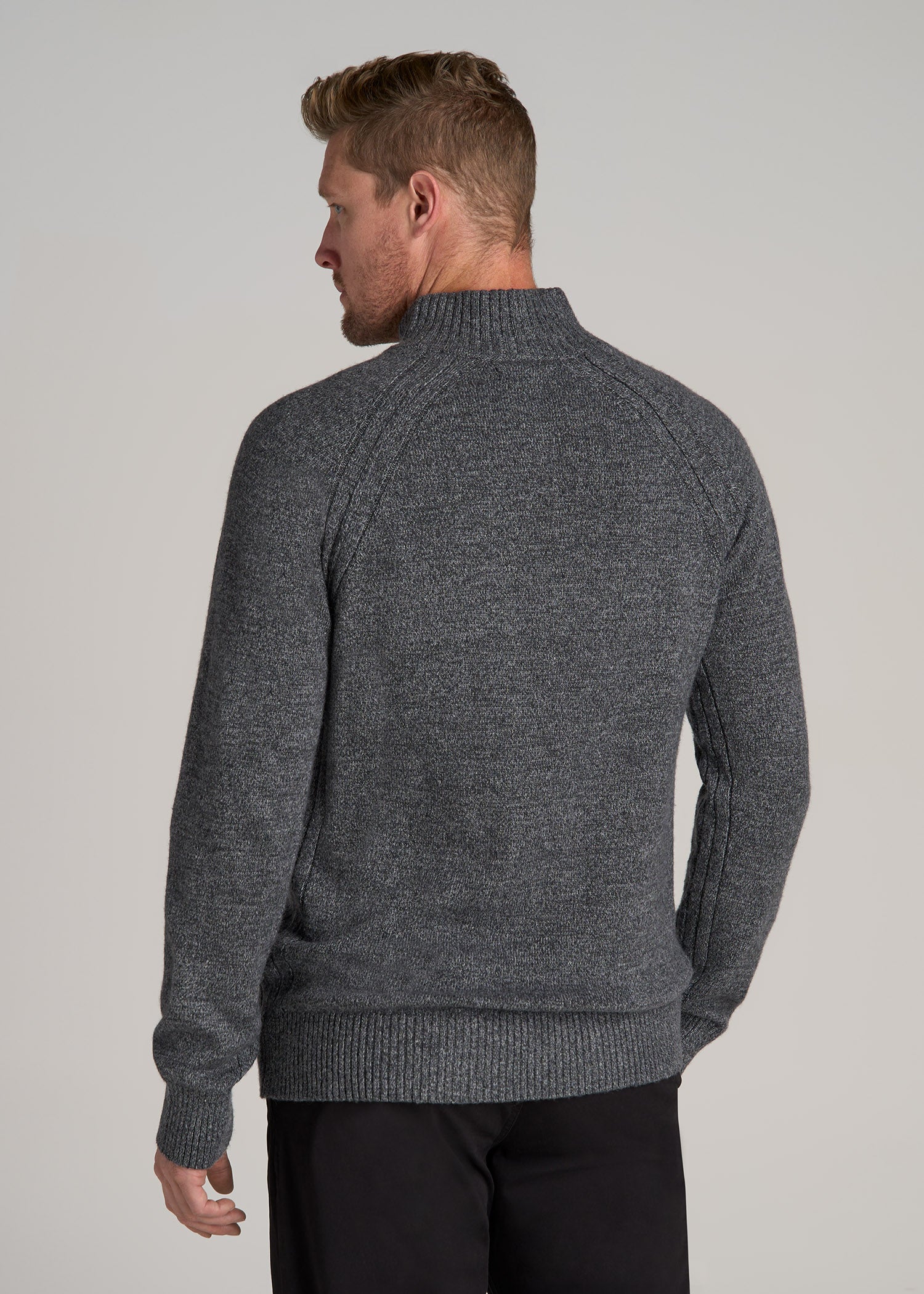 Three-Button Mock Neck Sweater for Tall Men in Grey Marl